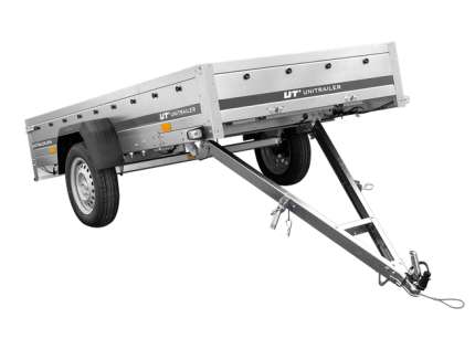Verzinkter Einachsanhänger mit geöffneter Heckbordwand