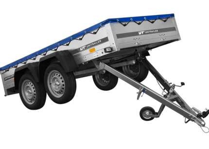 Plattformanhänger UNITRAILER 264/2 Seitenansicht mit blauer Plane