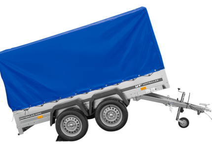 Doppelachsanhänger mit blauer Plane Seitenansicht