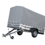 Kippbarer Nutzanhänger mit grauer H-1100 Plane Seitenansicht