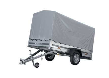 Kippbarer Nutzanhänger mit grauer H-1100 Plane Seitenansicht