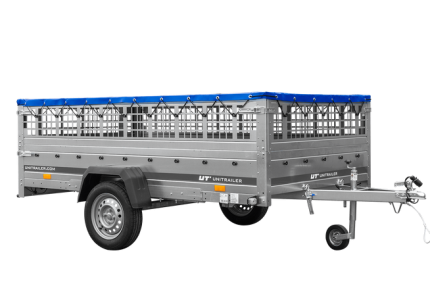 Anhänger 264x150 cm mit Gitterbordwänden und blauer Plane