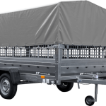 Gartenanhänger 264x150 cm mit Gitterbordwänden und grauer Hochplane