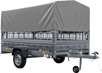 Gartenanhänger 264x150 cm mit Gitterbordwänden und grauer Hochplane