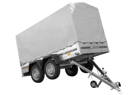 Gartenanhänger mit grauer Plane und Doppelachse