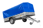 Verzinkter PKW-Anhänger mit blauer Plane Gesamtansicht
