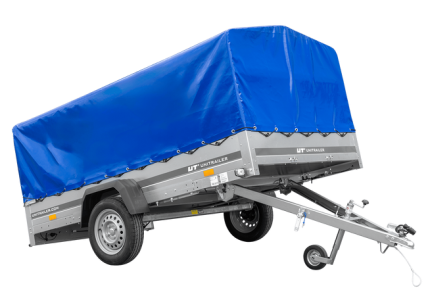 Verzinkter PKW-Anhänger mit blauer Plane Gesamtansicht
