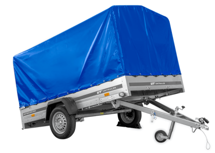 Kippbarer Autoanhänger Unitrailer Garden 265 mit grauer Plane