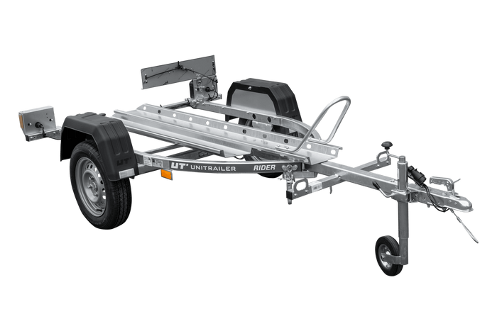 Motorradanhänger UNITRAILER RIDER 1 Seitenansicht mit 2 m Führungsschiene