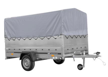 750 kg Kippanhänger mit grauer H-800 Hochplane in Seitenansicht