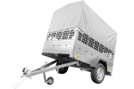 Kippanhänger 750 kg mit grauer Hochplane und Gitteraufsätzen
