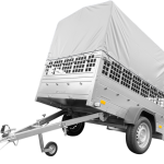 Kippanhänger 750 kg mit grauer Hochplane und Gitteraufsätzen