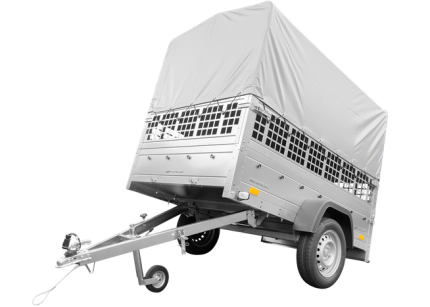 Kippanhänger 750 kg mit grauer Hochplane und Gitteraufsätzen