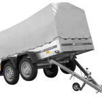 Doppelachsiger verzinkter Anhänger mit grauer Plane Seitenansicht