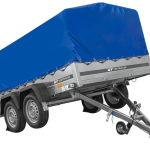 Verzinkter Doppelachsanhänger mit blauer Plane Seitenansicht