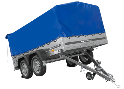 Verzinkter Doppelachsanhänger mit blauer Plane Seitenansicht