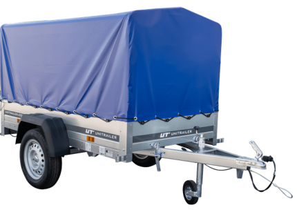 Anhänger aus verzinktem Stahl mit montierter blauer Hochplane