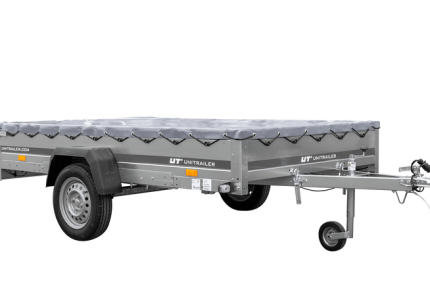 Einachsanhänger 264x150 cm mit grauer Plane montiert