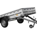 Einachsiger Kippanhänger mit grauer Plane Seitenansicht