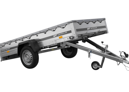 Einachsiger Kippanhänger mit grauer Plane Seitenansicht